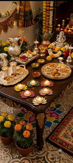 Pearl Lotus Tea Light Holders styled on a festive Diwali pooja table