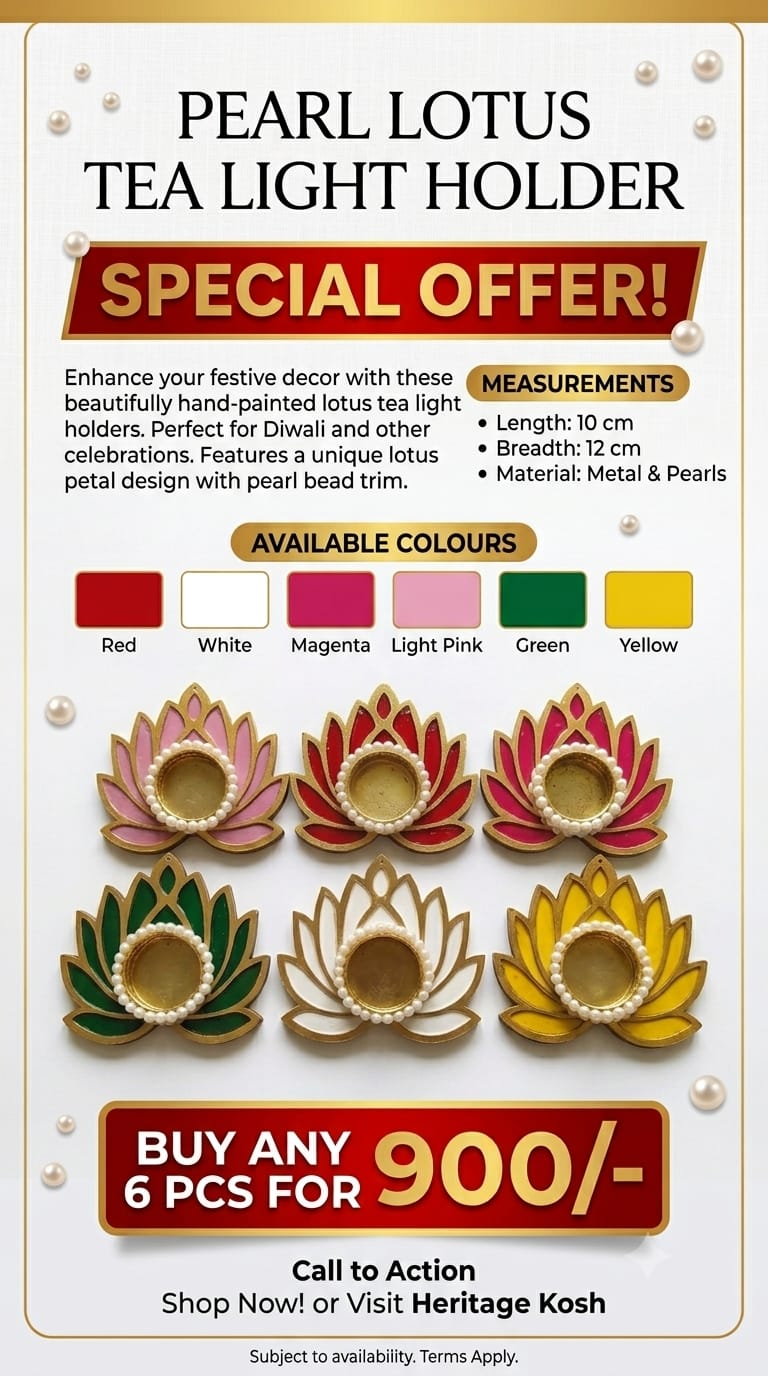 Pearl Lotus Tea Light Holder product info - colours and measurements