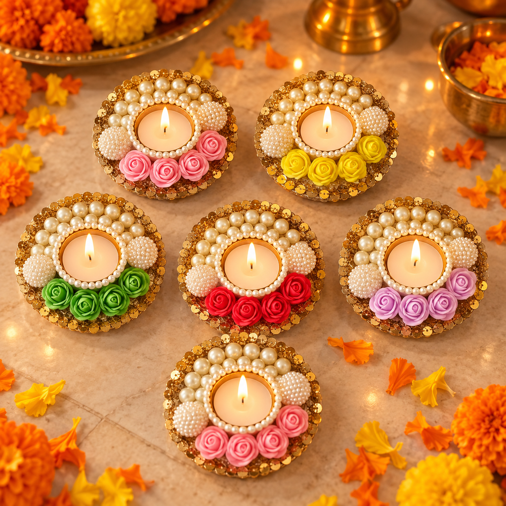 Pearl and rose tea-light holders pack of six - Festive