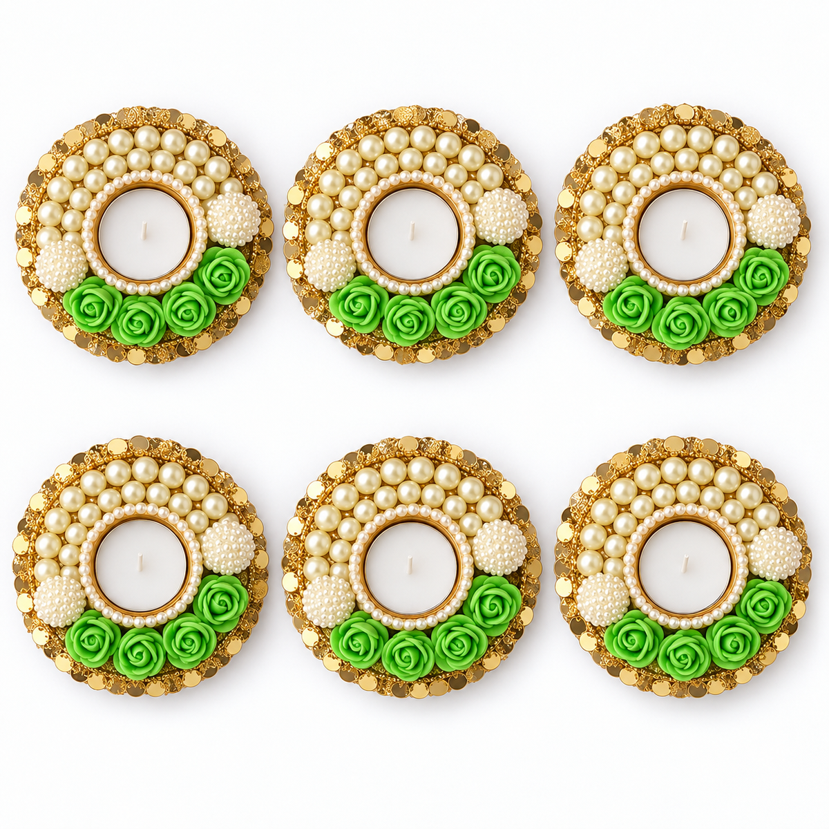 Pearl and rose tea-light holders pack of six - Green