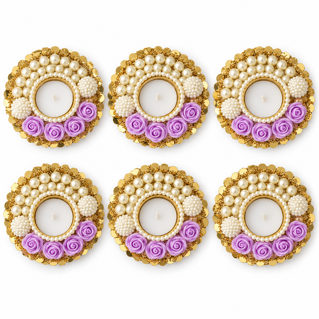 Pearl and rose tea-light holders pack of six - Lavender