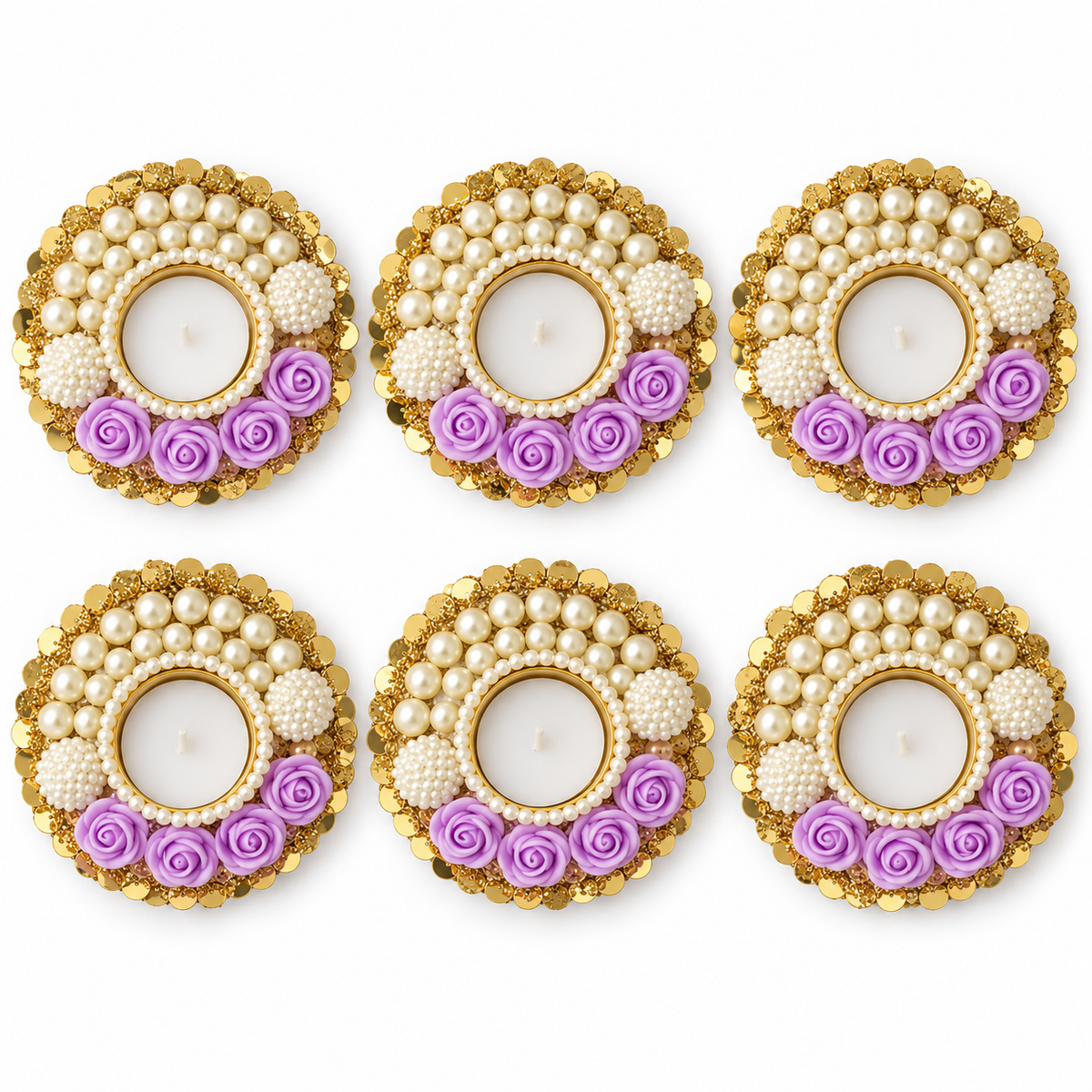 Pearl and rose tea-light holders pack of six - Lavender