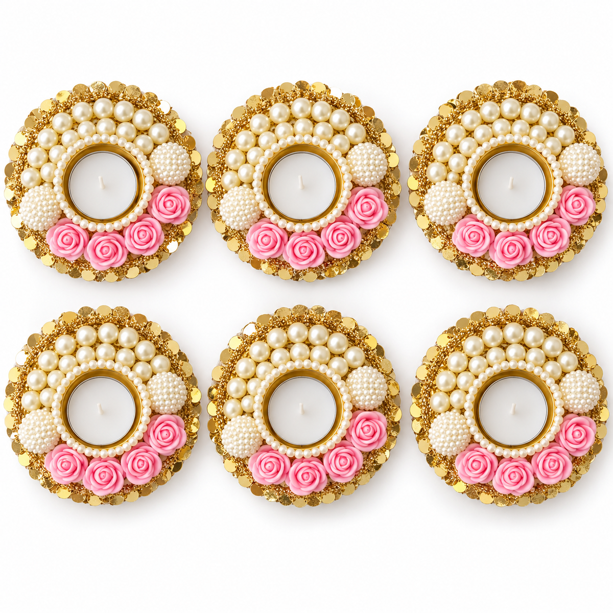Pearl and rose tea-light holders pack of six - Pink