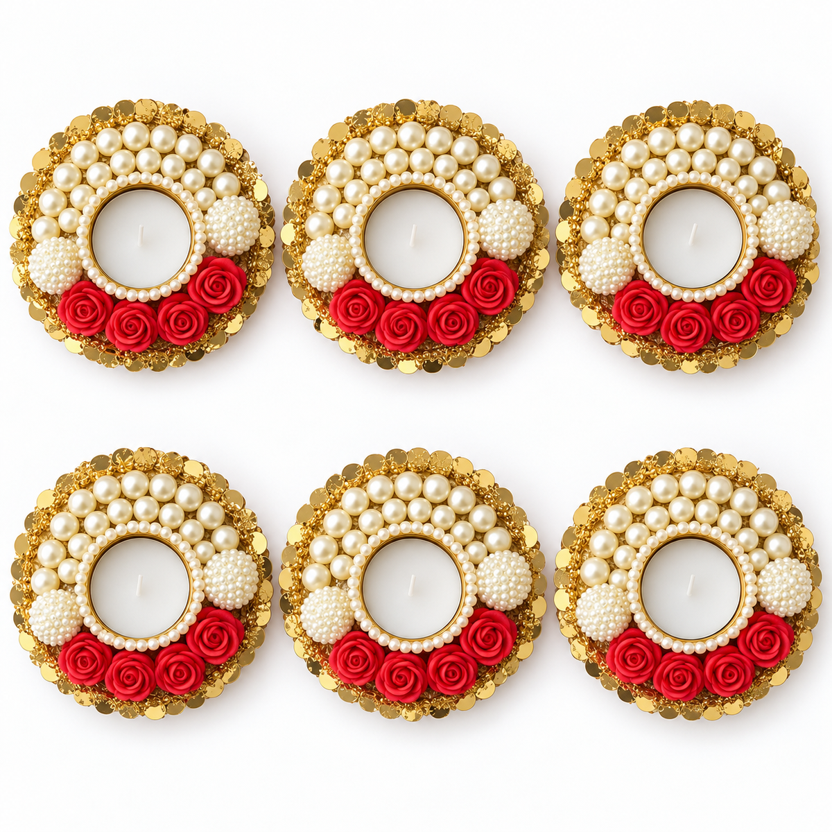 Pearl and rose tea-light holders pack of six - Red