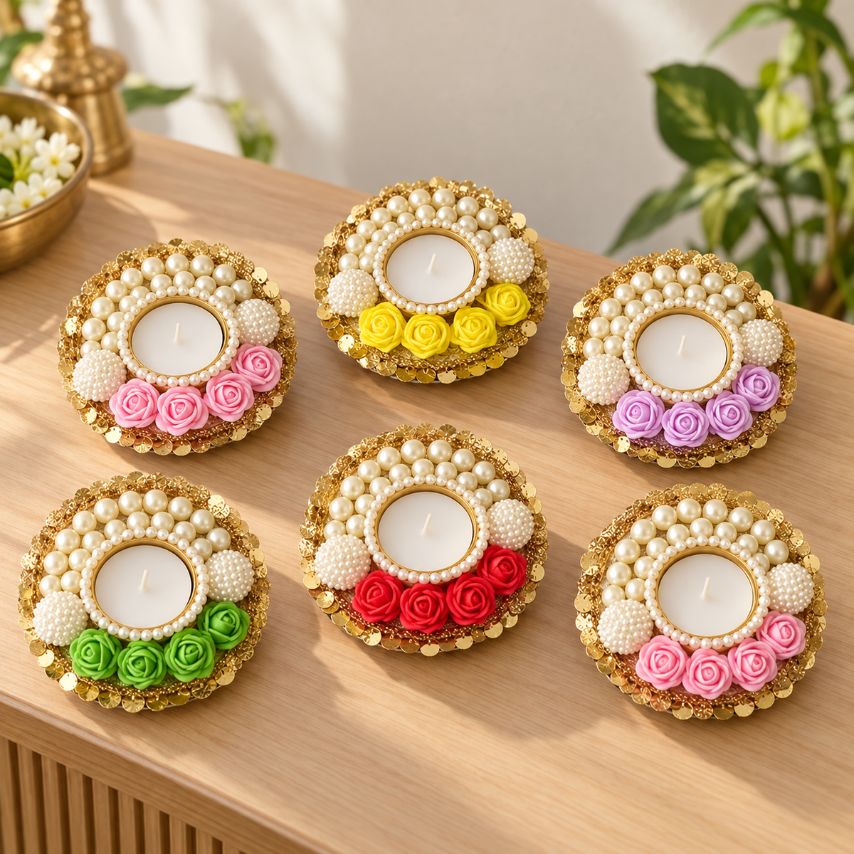 Pearl and rose tea-light holders pack of six - Table