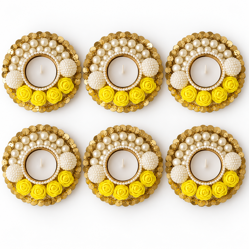 Pearl and rose tea-light holders pack of six - Yellow