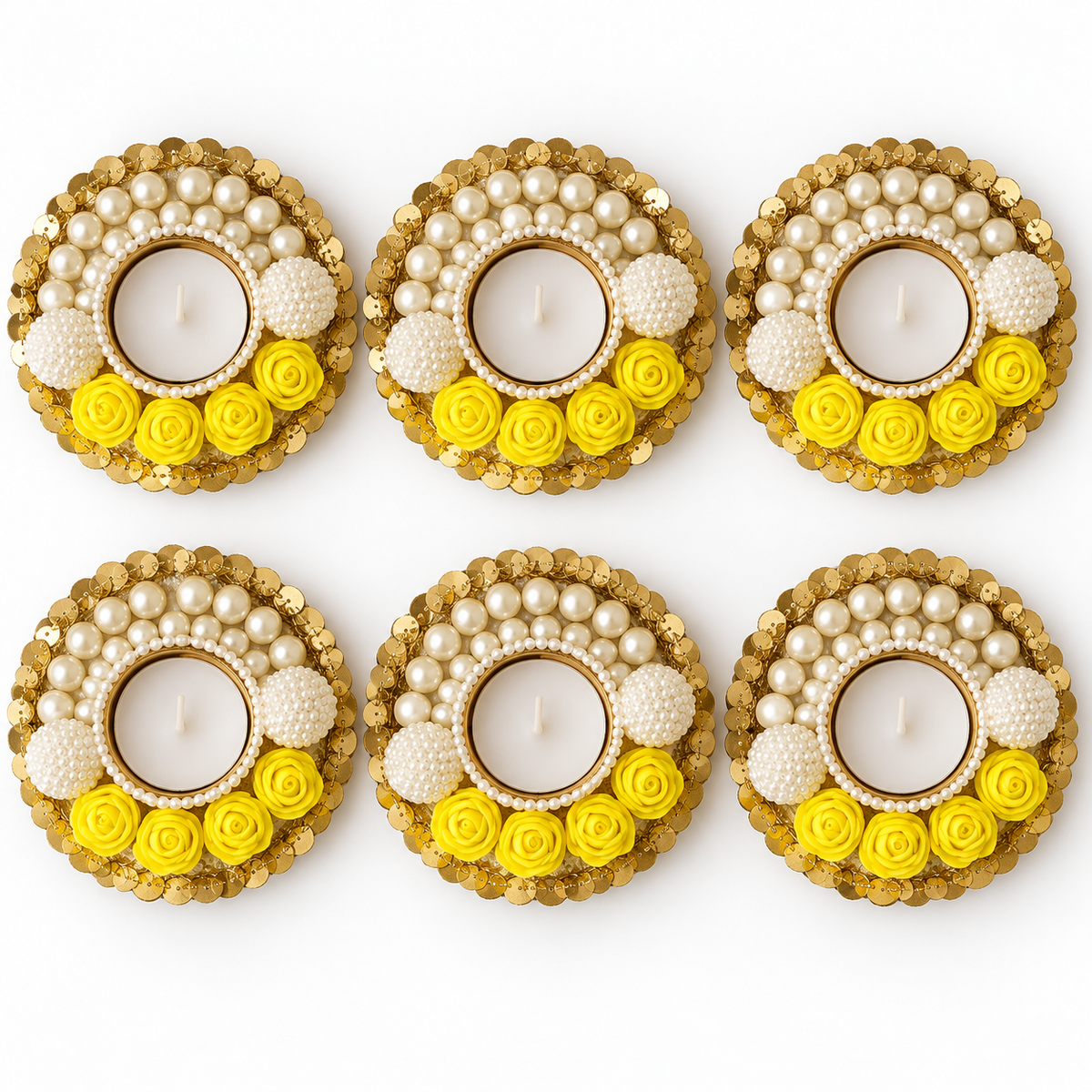 Pearl and rose tea-light holders pack of six - Yellow