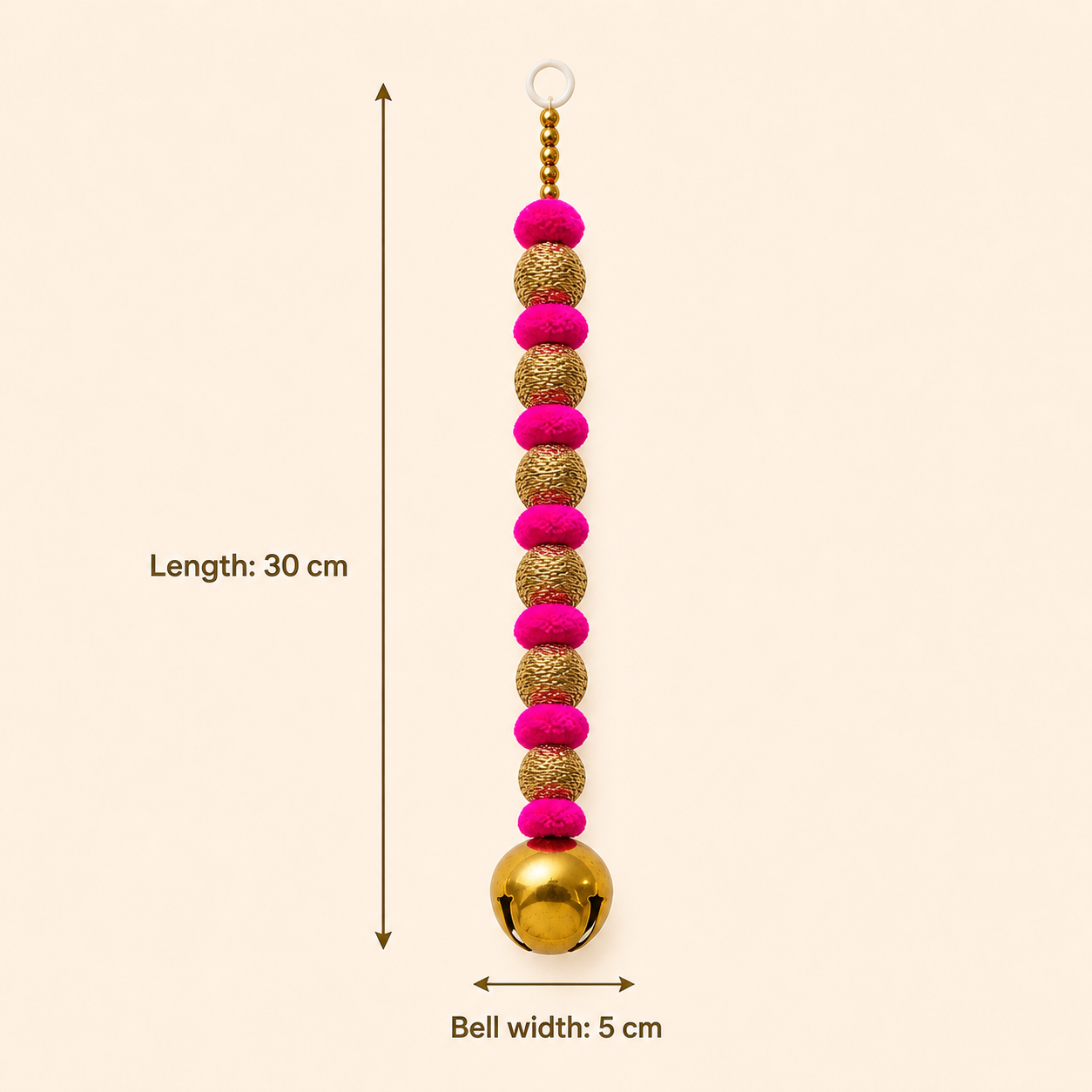 Pink ghungroo hanging dimensions: 30 cm length and 5 cm bell width