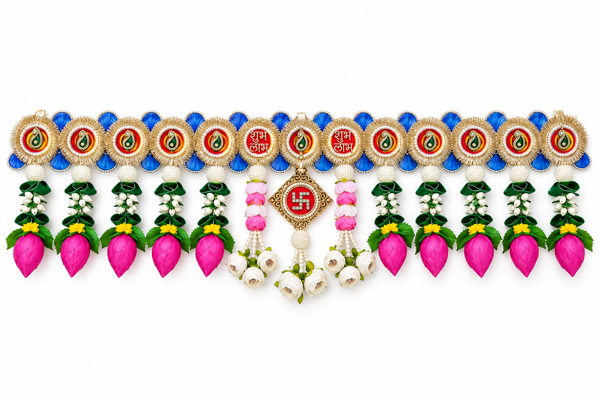 Pink lotus bud Shubh Labh toran on white