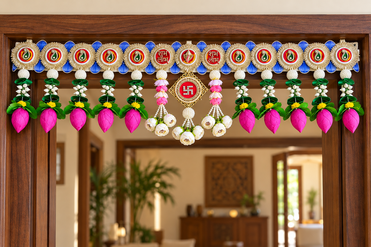 Pink lotus bud Shubh Labh toran on a wooden doorway