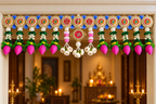 Pink lotus bud Shubh Labh toran at a festive entrance