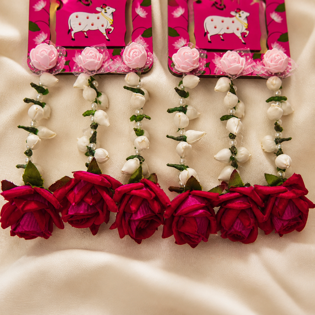 White bud strands and deep pink rose tassel detail