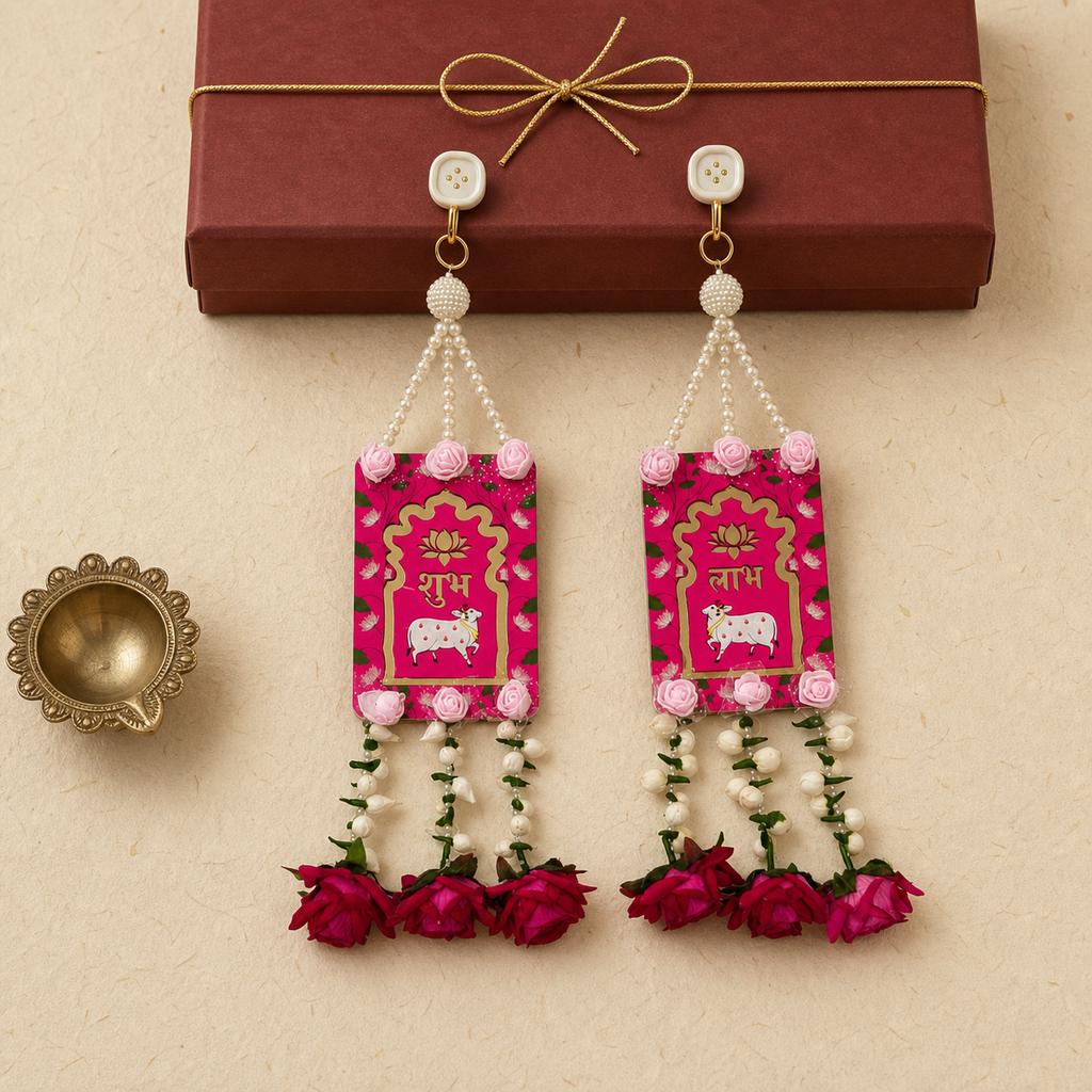 Pink Shubh Labh floral hanging pair styled as a festive gift