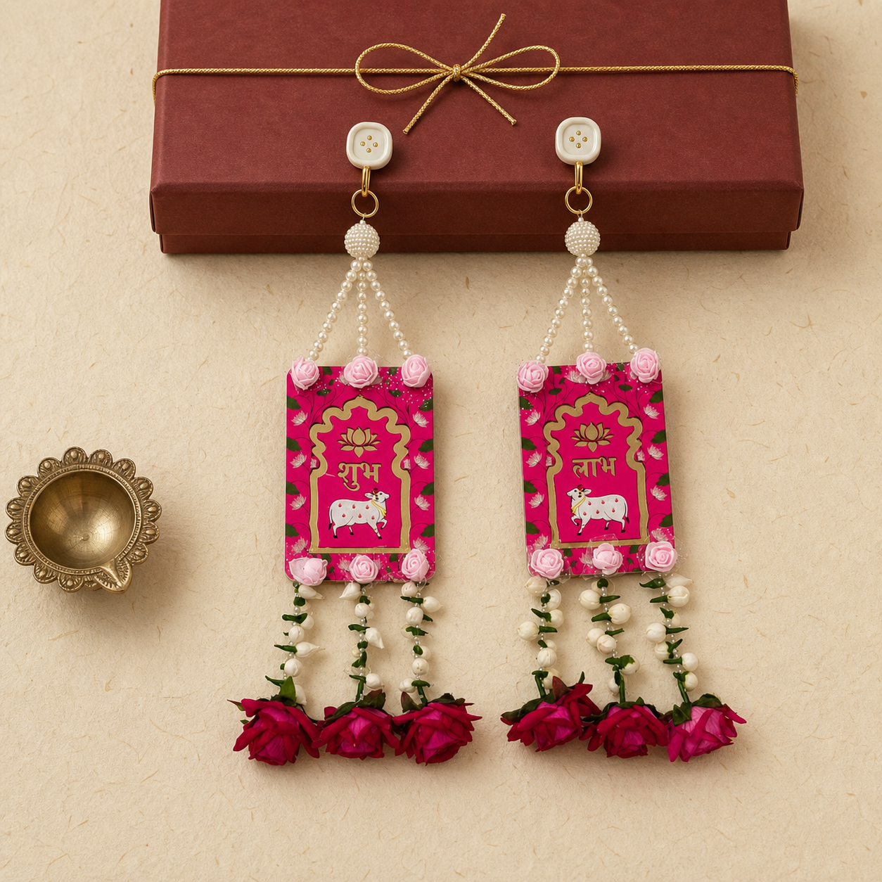 Pink Shubh Labh floral hanging pair styled as a festive gift