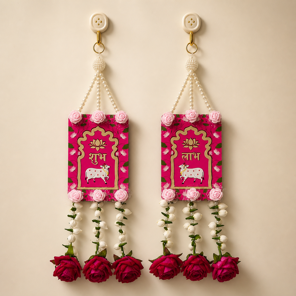 Pink Shubh Labh floral door hanging pair, front view
