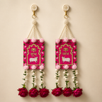 Pink Shubh Labh floral door hanging pair, front view