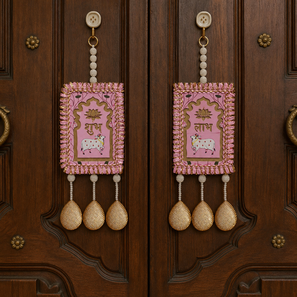 Pink Shubh Labh hanging pair displayed on a carved wooden entrance door