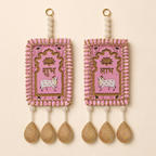 Full pair of pink Shubh Labh door hangings with cow and lotus motifs, pearl beads and golden drops