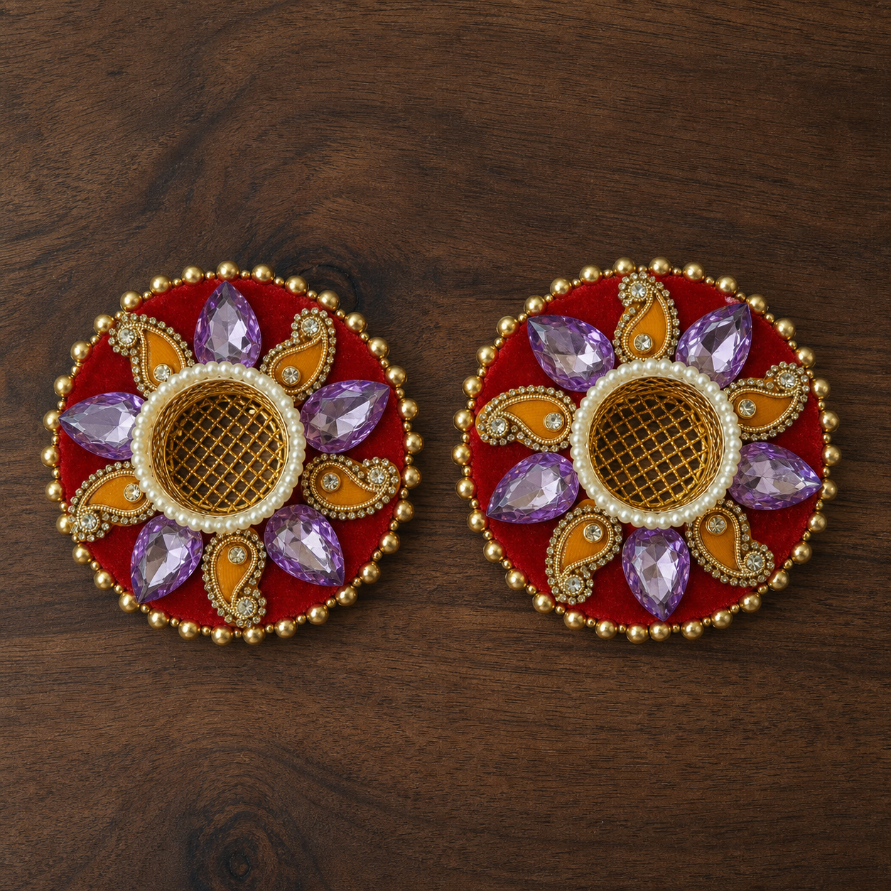 Top view of 12 cm purple stone tea-light holder pair
