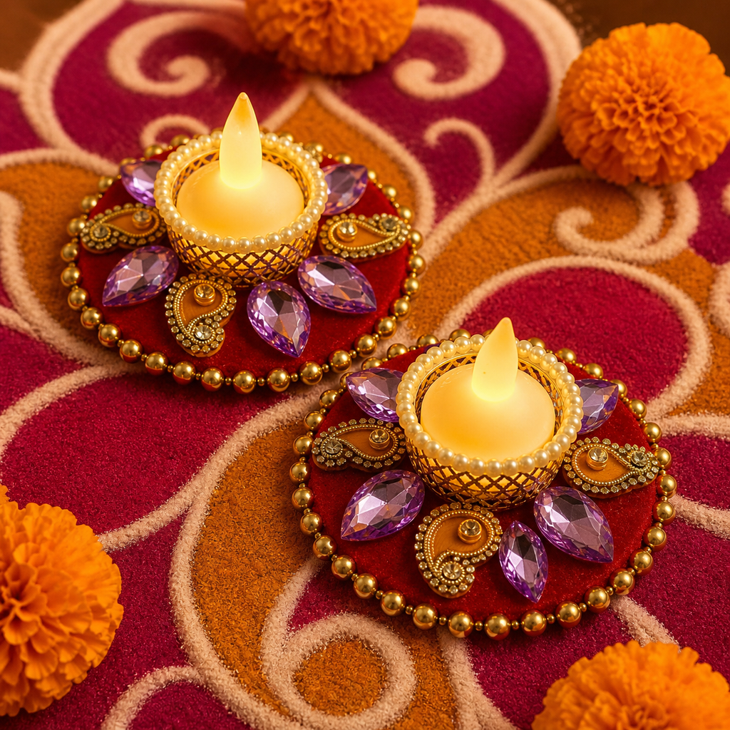 12 cm purple stone tea-light holder pair with festive rangoli