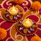 12 cm purple stone tea-light holder pair with festive rangoli