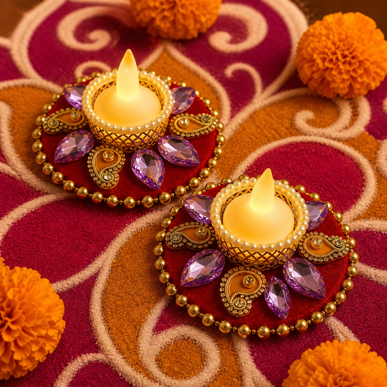 12 cm purple stone tea-light holder pair with festive rangoli