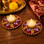 12 cm purple stone tea-light holder pair on festive table