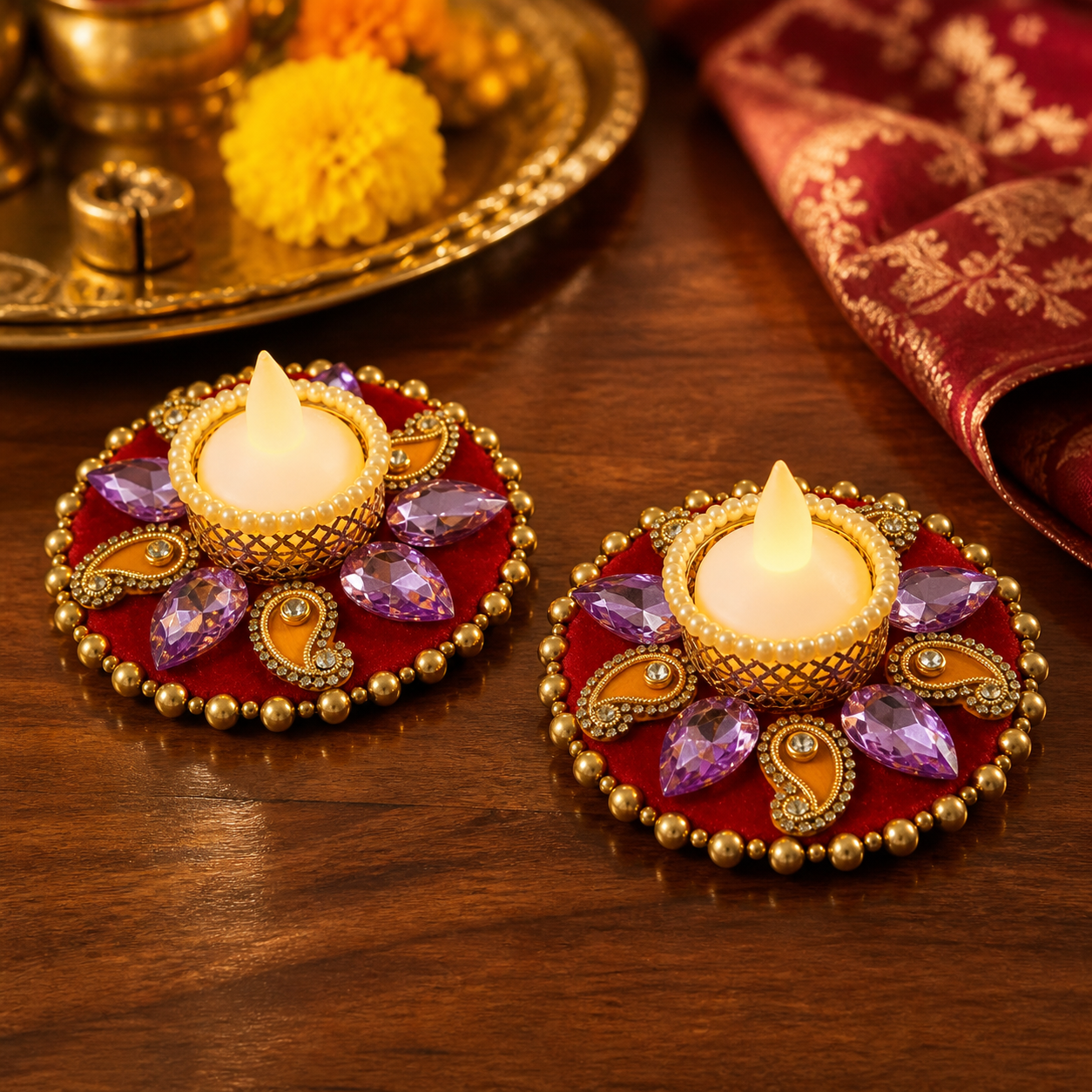 12 cm purple stone tea-light holder pair on festive table