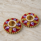 Detailed view of 12 cm purple stone tea-light holder pair