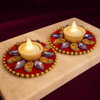 12 cm purple stone tea-light holder pair on pedestal
