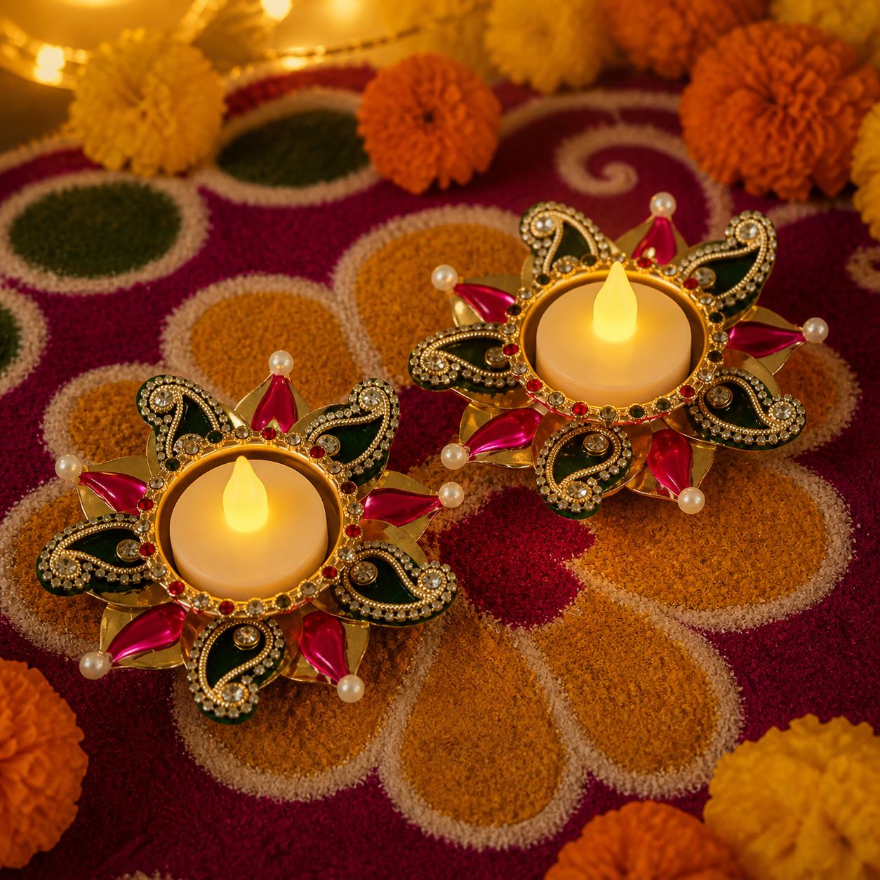 Purple stone tea-light holder pair displayed with festive rangoli