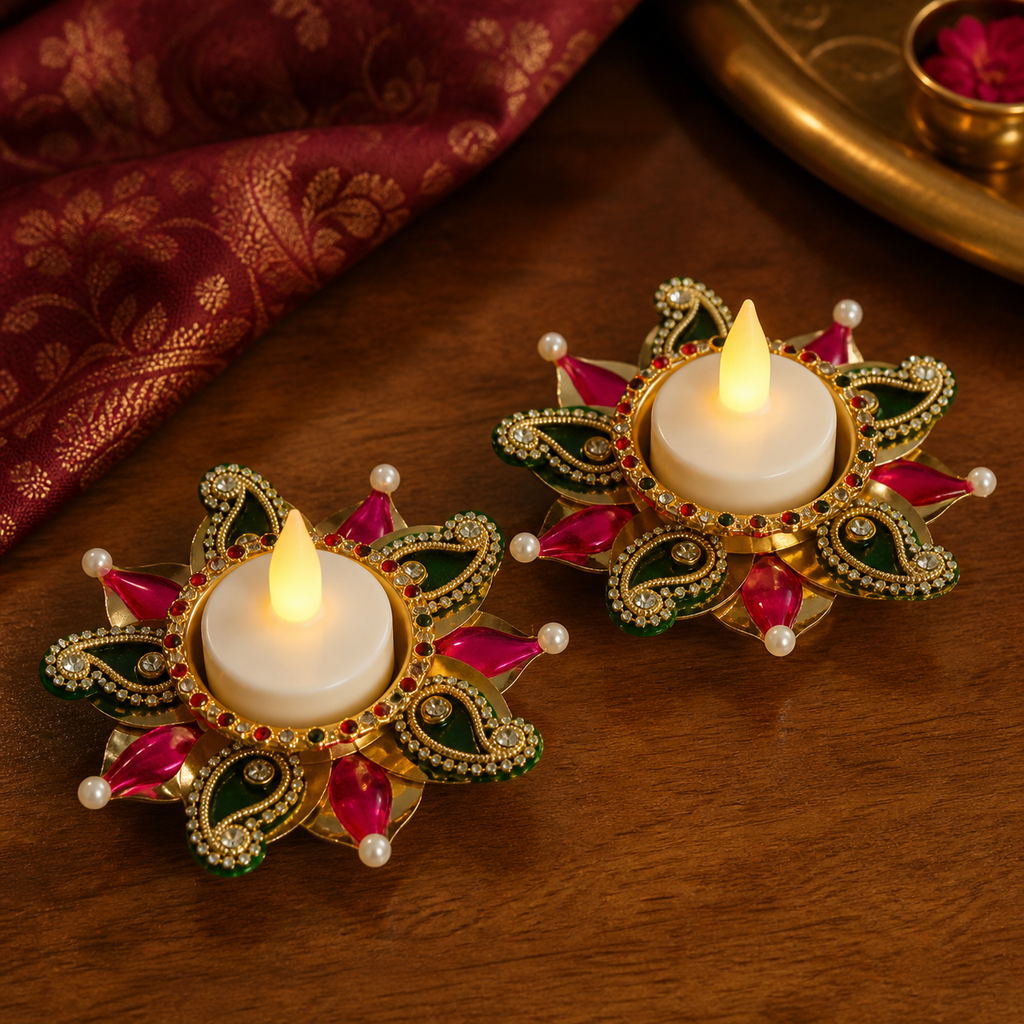 Purple stone tea-light holder pair on a festive table