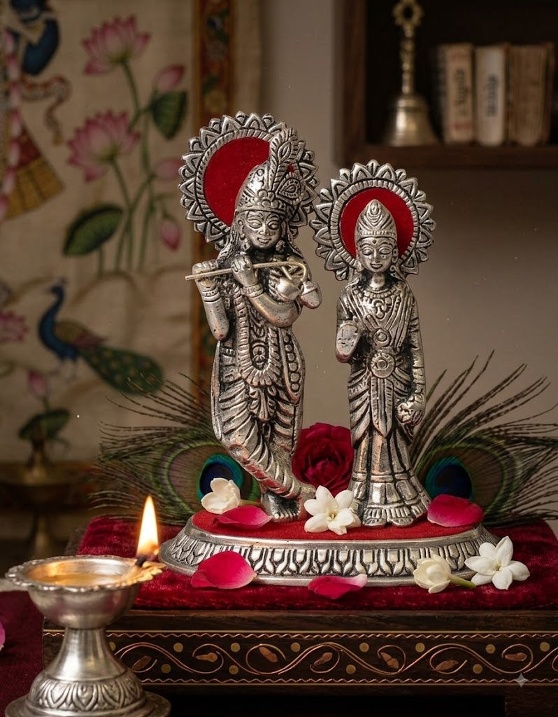 Radha Krishna Oval Frame Idol – Silver Finish