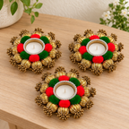 Red and green pompom gold bead tea-light holders - console set of three