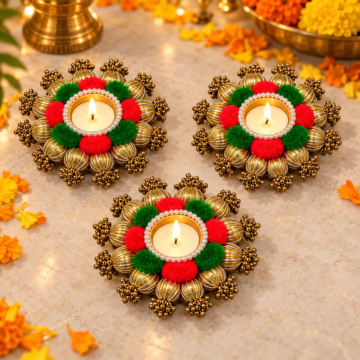 Red and green pompom gold bead tea-light holders - festive set of three