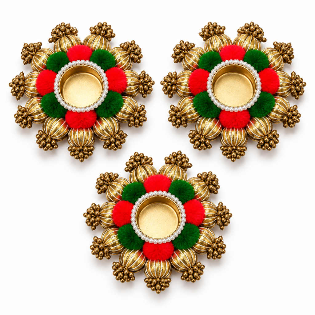 Red and green pompom gold bead tea-light holders - studio set of three