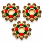 Red and green pompom gold bead tea-light holders - studio set of three