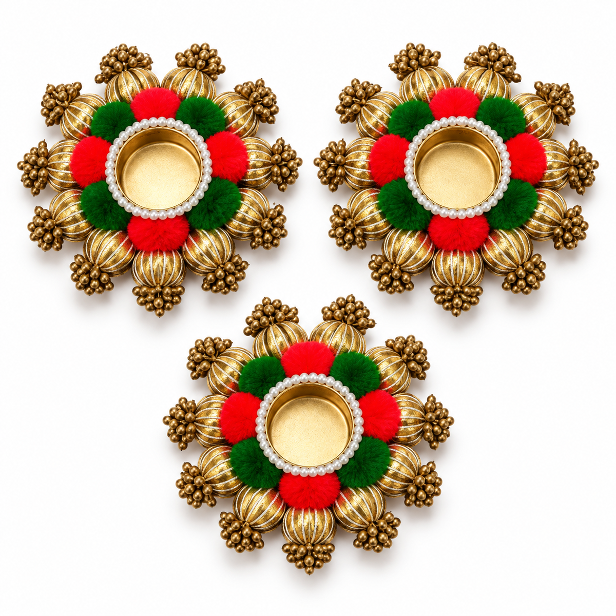 Red and green pompom gold bead tea-light holders - studio set of three