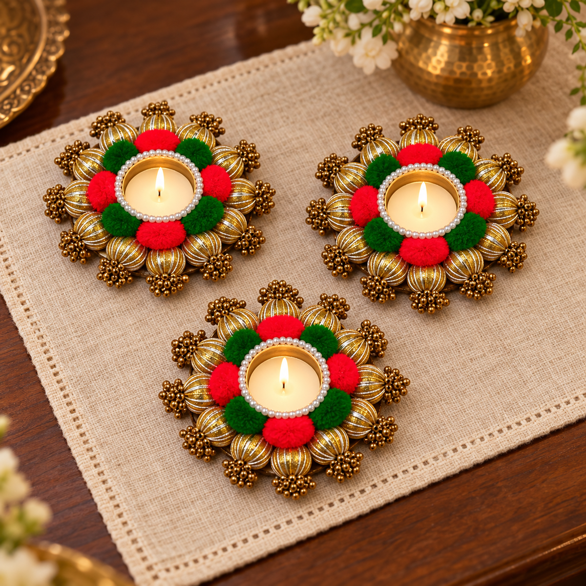 Red and green pompom gold bead tea-light holders - table set of three