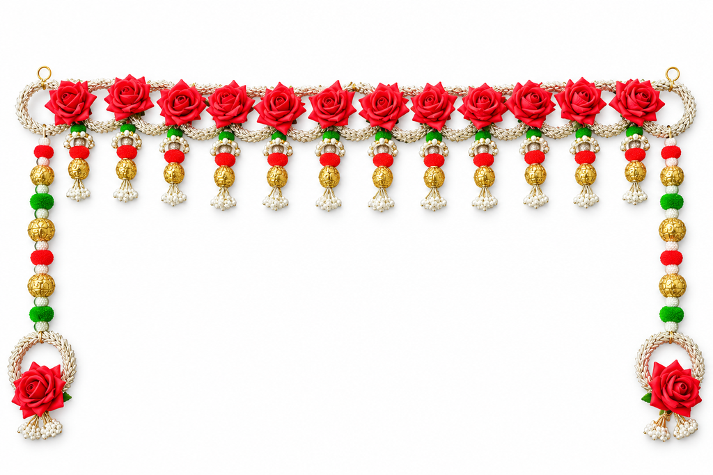 Red rose toran with gold beads and long side hangings on white