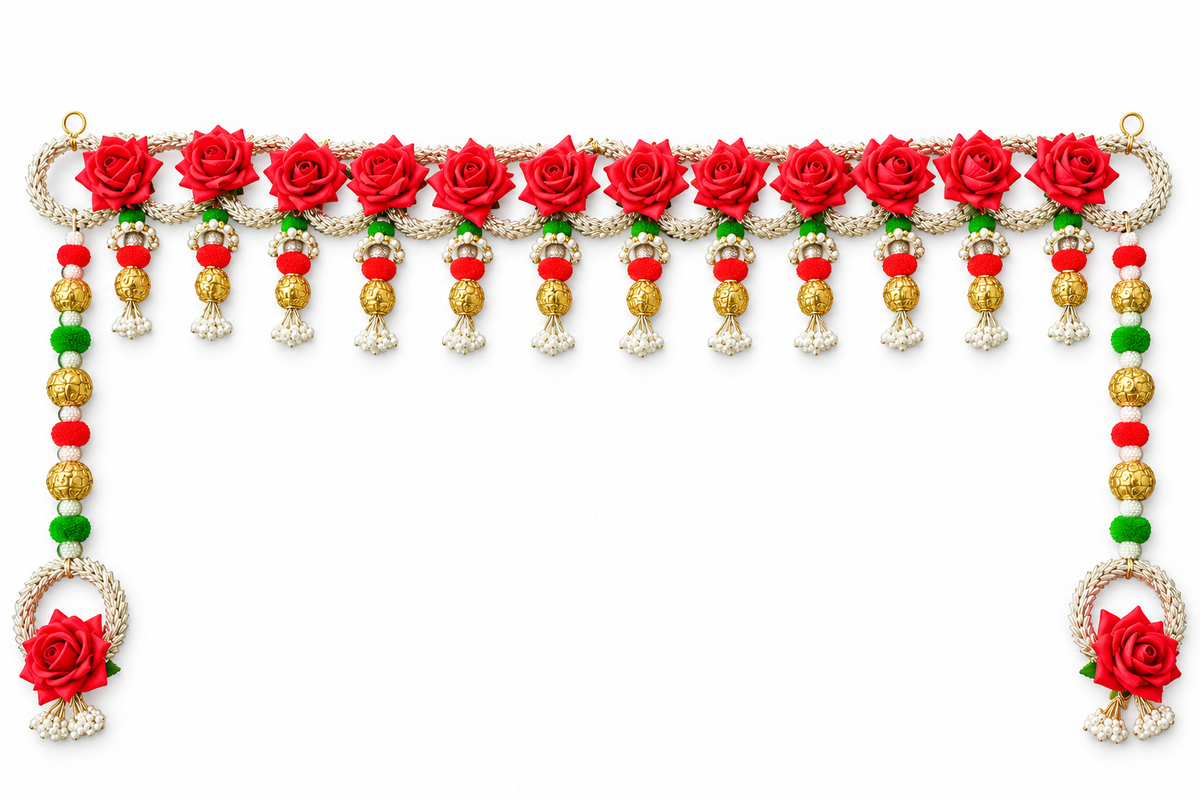 Red rose toran with gold beads and long side hangings on white