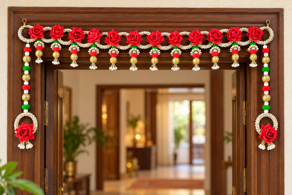 Red rose toran displayed on a wooden doorway