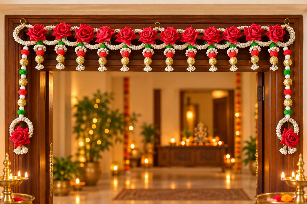 Red rose toran with long side hangings at a festive entrance