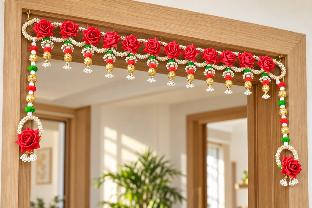 Red rose toran with long side hangings in a modern home