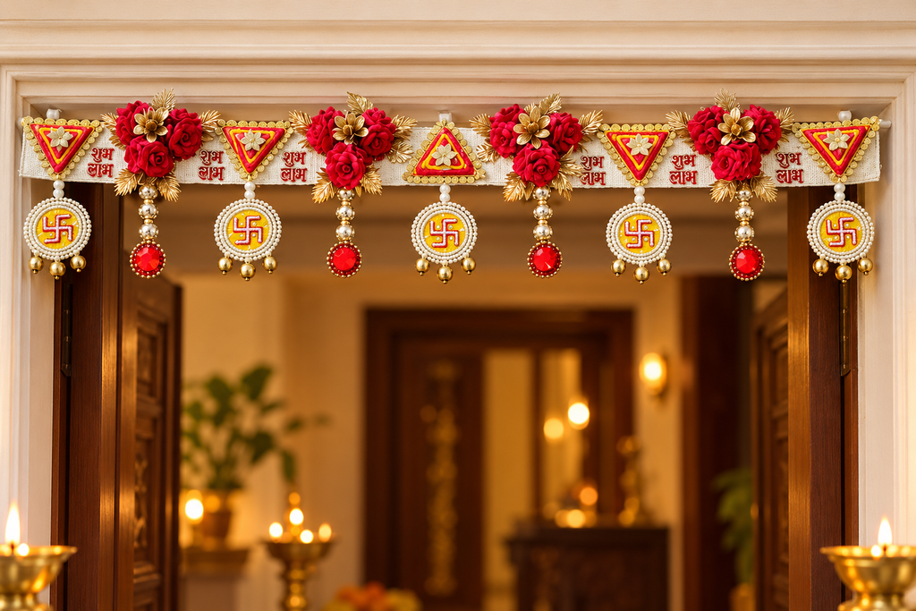 Red rose Shubh Labh toran in a festive entrance with diyas