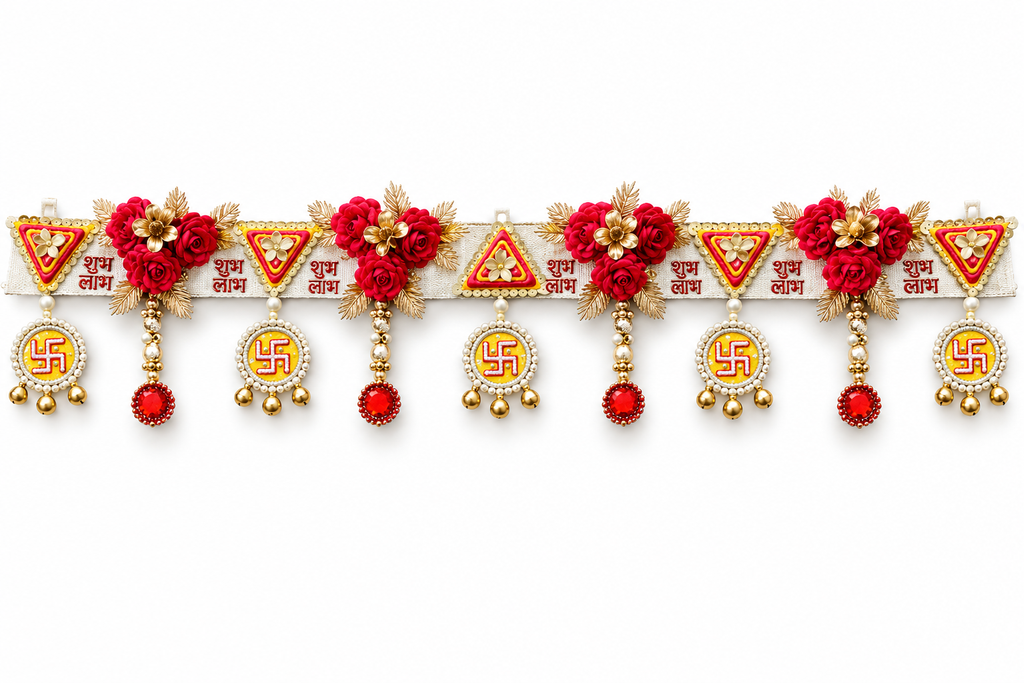 Red rose and gold Shubh Labh door toran on a white background