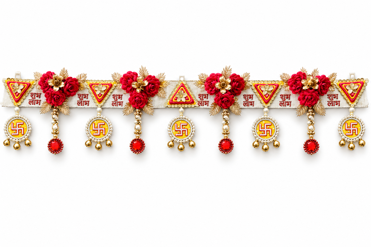 Red rose and gold Shubh Labh door toran on a white background