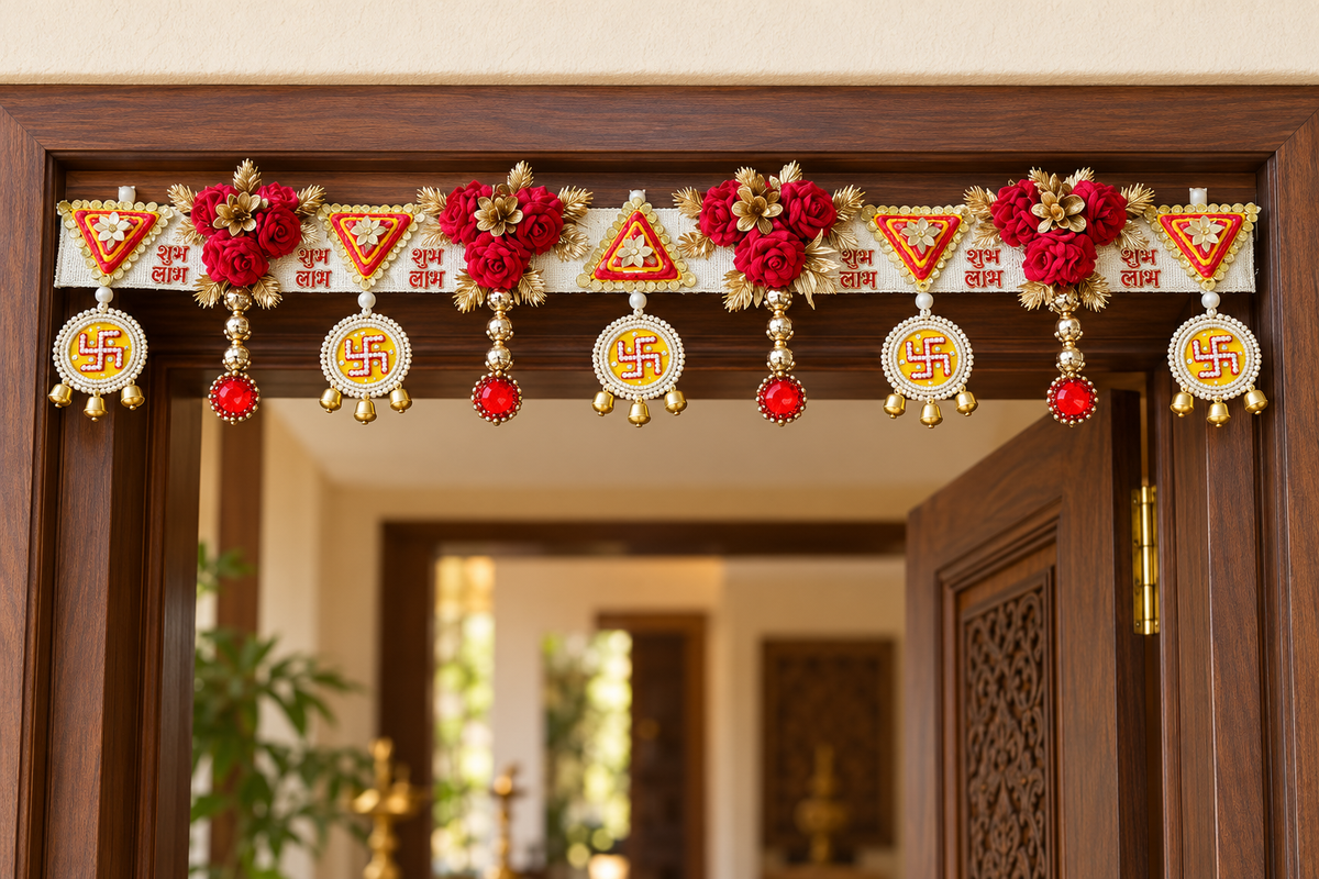 Red rose Shubh Labh toran displayed across a wooden doorway