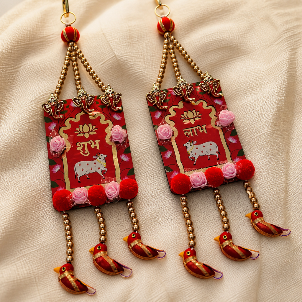 Red Shubh Labh door hanging pair with gold bead strands and bird danglers