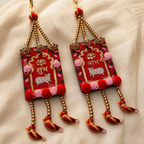 Red Shubh Labh door hanging pair with gold bead strands and bird danglers